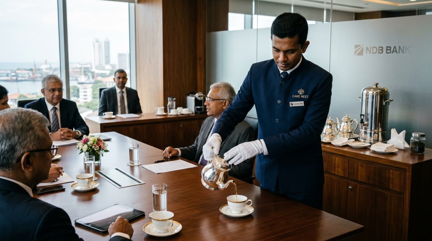 Care Nest premier corporate steward serving Ceylon tea during bank head office executive board meeting in Colombo