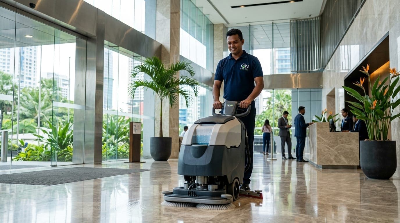 Care Nest janitorial specialist operating modern auto-scrubber in commercial banking hall