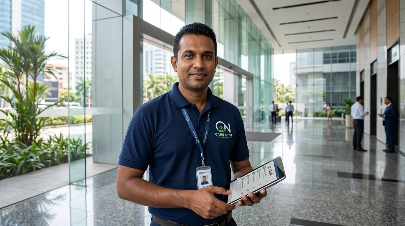 Care Nest Operations Supervisor conducting quality audit on tablet in Colombo corporate atrium